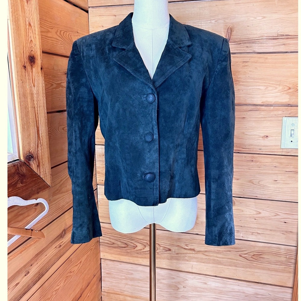 Vintage Suede Jacket Womens Medium Dark Teal 3 Button Blazer Coat Antelope Thick